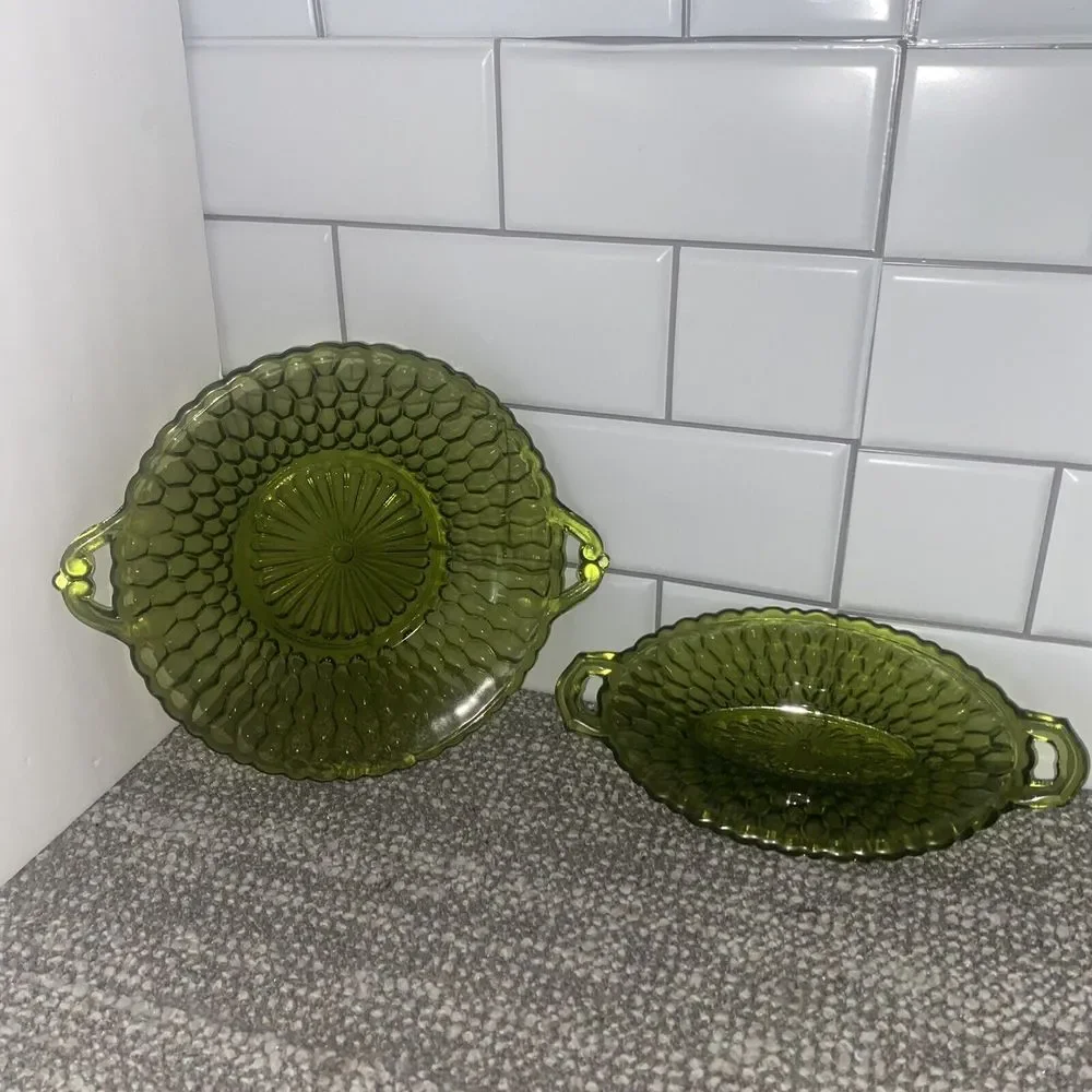 Indians Glass Pickle Relish Dishes NIB Olive Color VTG Holiday Serving Dishes‎